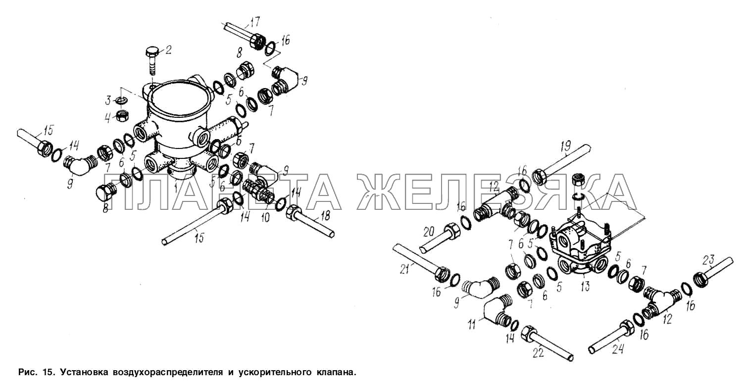 Установка воздухораспределителя и ускорительного клапана МАЗ-9506