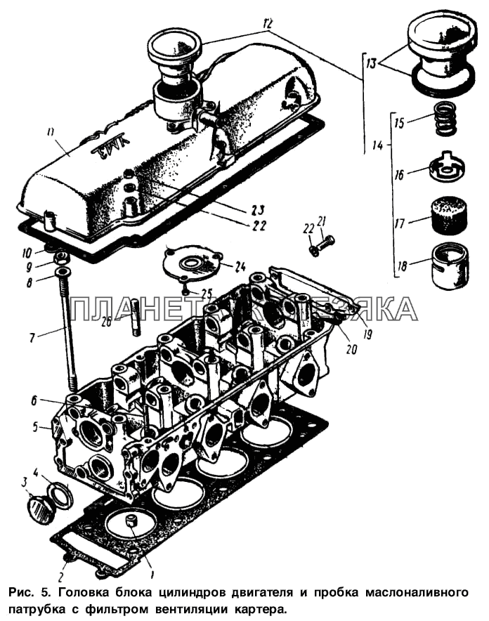 Головка блока цилиндров двигателя и пробка маслоналивного патрубка с фильтром вентиляции картера Москвич-2734
