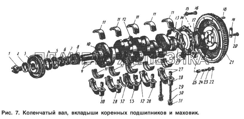 Коленчатый вал, вкладыши коренных подшипников и маховик Москвич-2734