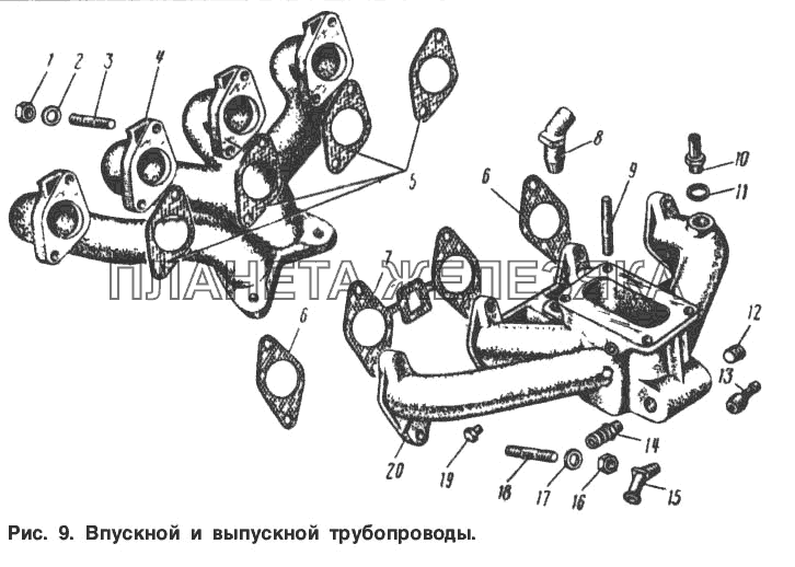 Впускной и выпускной трубопроводы Москвич-2137