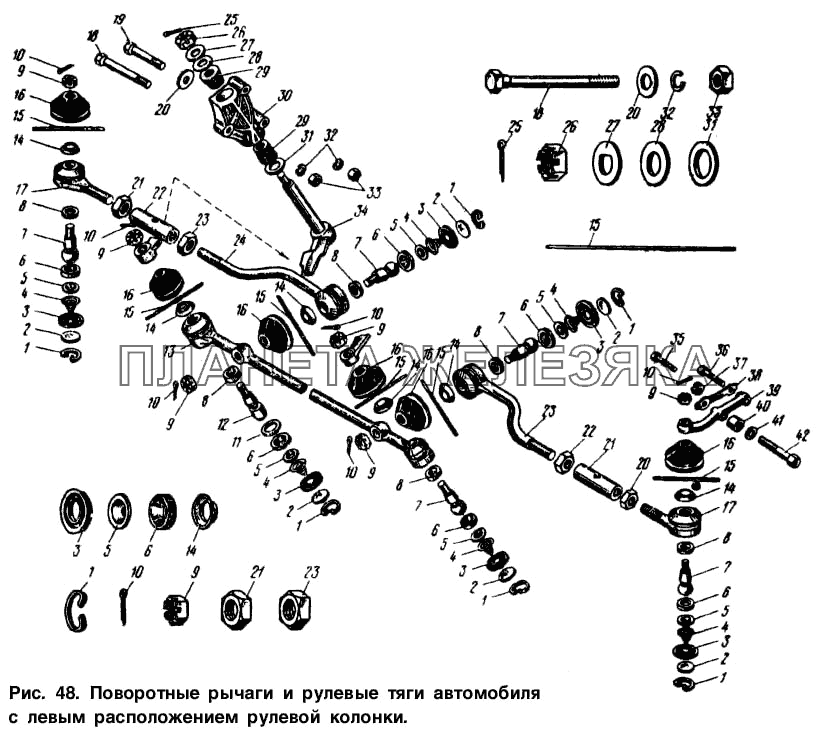 Поворотные рычаги и рулевые тяги автомобиля с левым расположением рулевой колонки Москвич-2137
