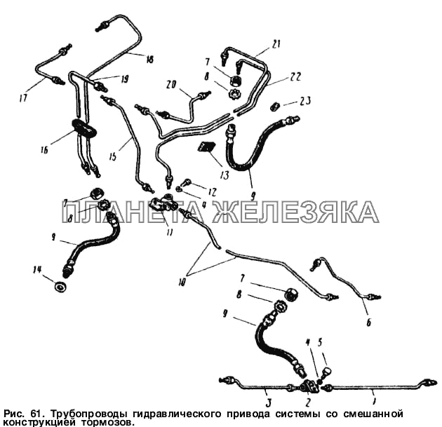 Трубопроводы гидравлического привода системы со смешанной конструкцией тормозов Москвич-2137