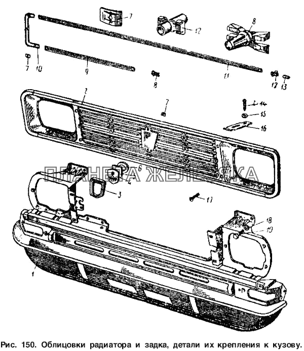 Облицовки радиатора и задка и детали их крепление к кузову Москвич-2140