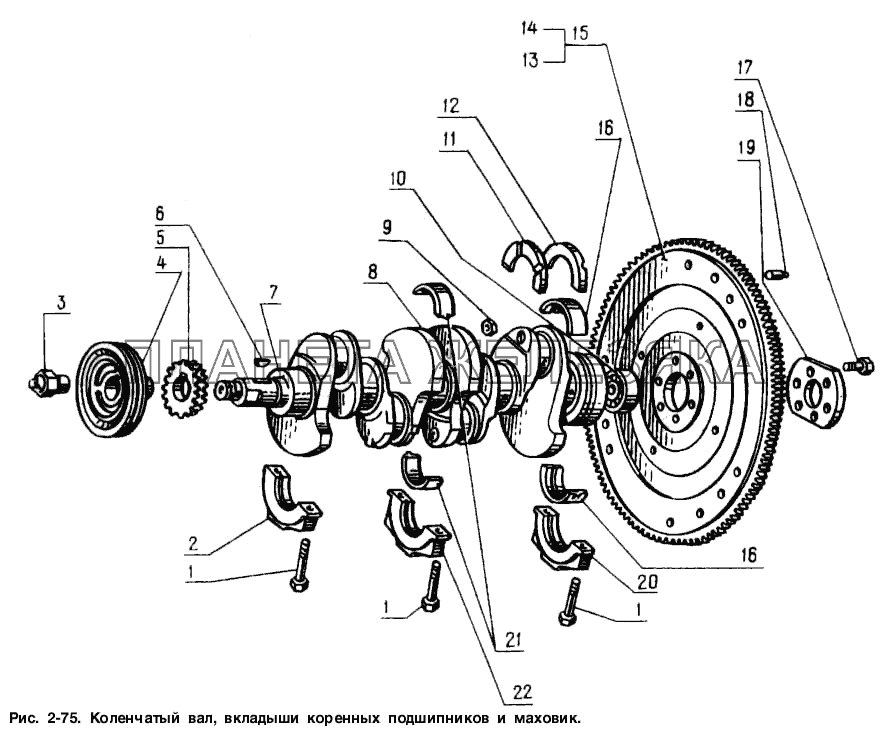 Коленчатый вал, вкладыши коренных подшипников и маховик Москвич-2141