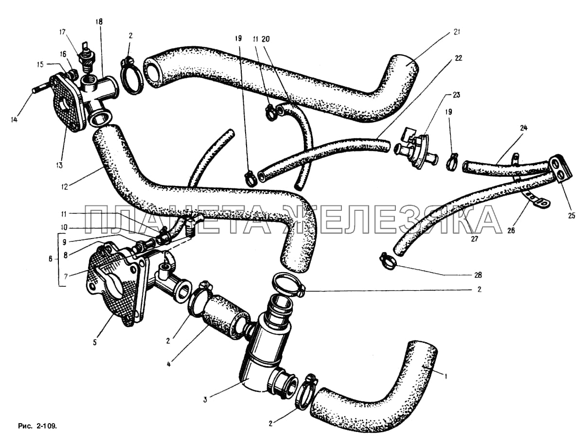 Трубопроводы и шланги системы охлаждения двигателя с термостатом Москвич-2141