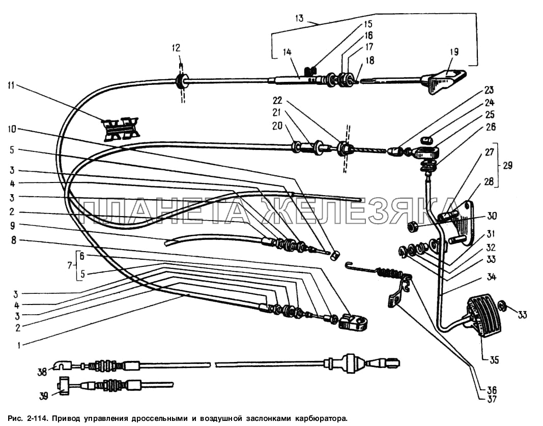 Привод управления дроссельными и воздушной заслонкой карбюратора Москвич-2141