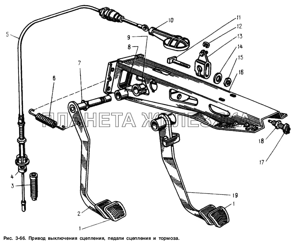 Привод выключения сцепления, педали сцепления и тормоза Москвич-2141