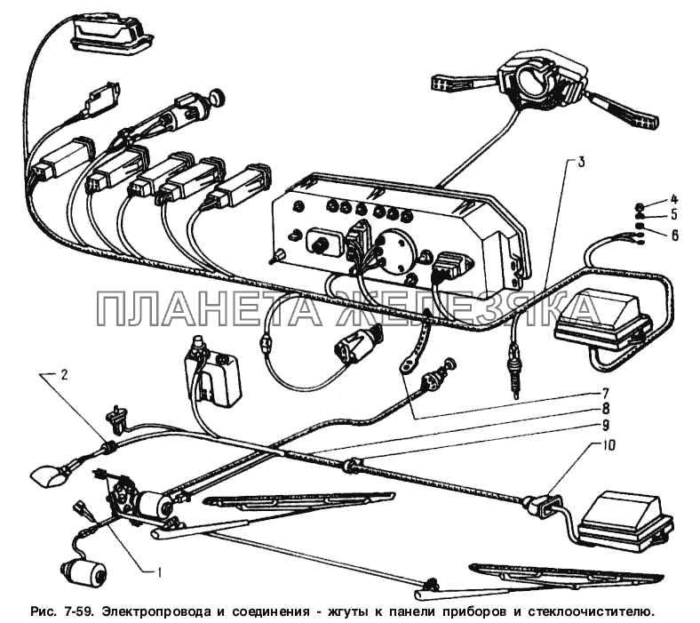 Электропровода и соединения - жгуты к панели приборов и стеклоочистителю Москвич-2141