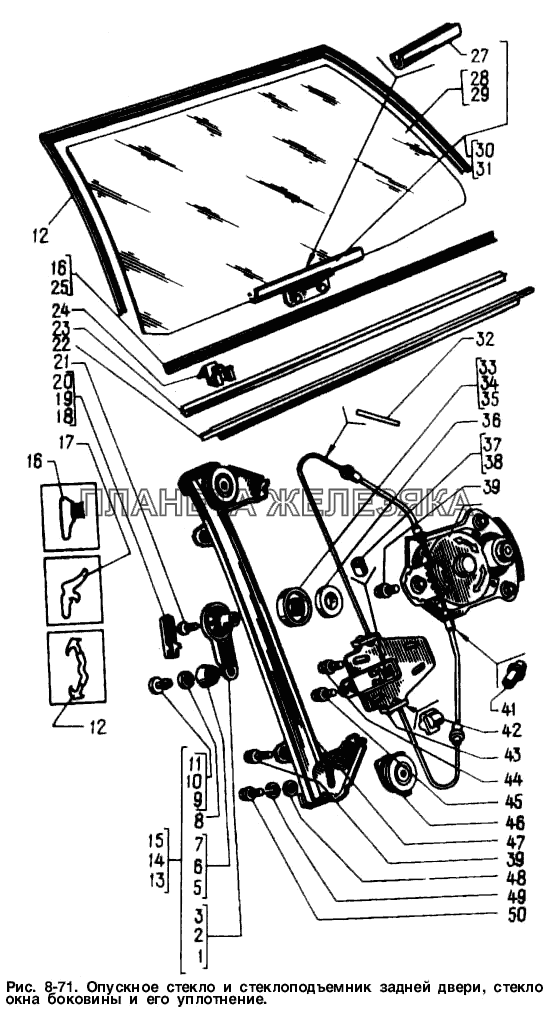 Опускное стекло и стеклоподъемник задней двери, стекло окна боковины и его уплотнение Москвич-2141