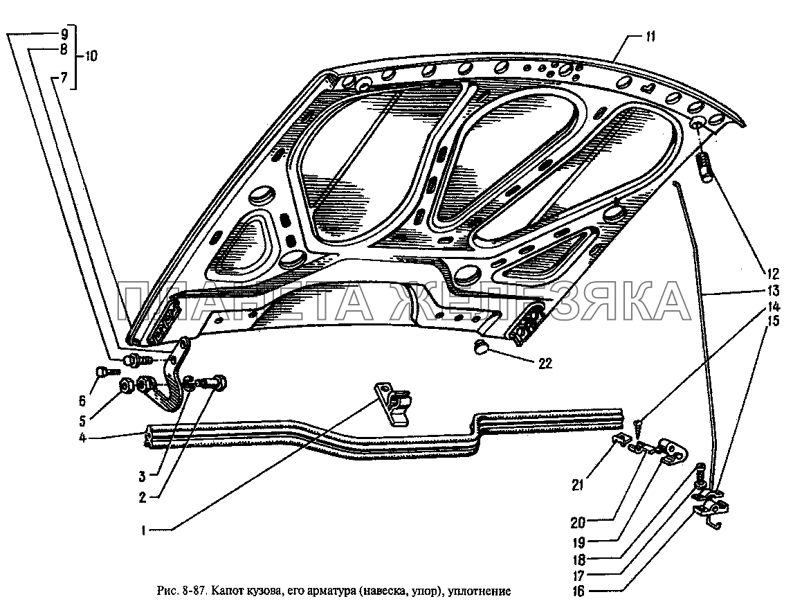 Капот кузова, его арматура (навеска, упор), уплотнение Москвич-2335