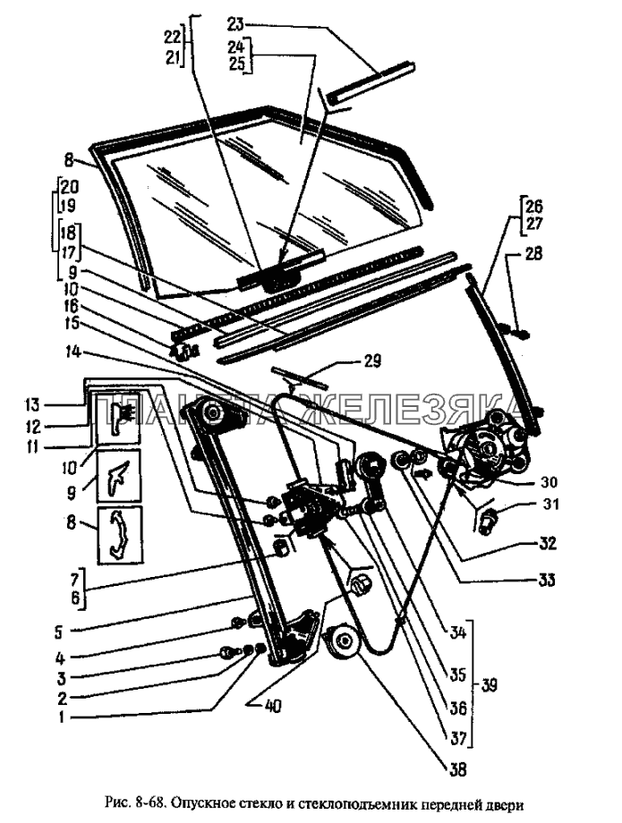 Опускное стекло и стеклоподъемник передней двери Москвич-2335