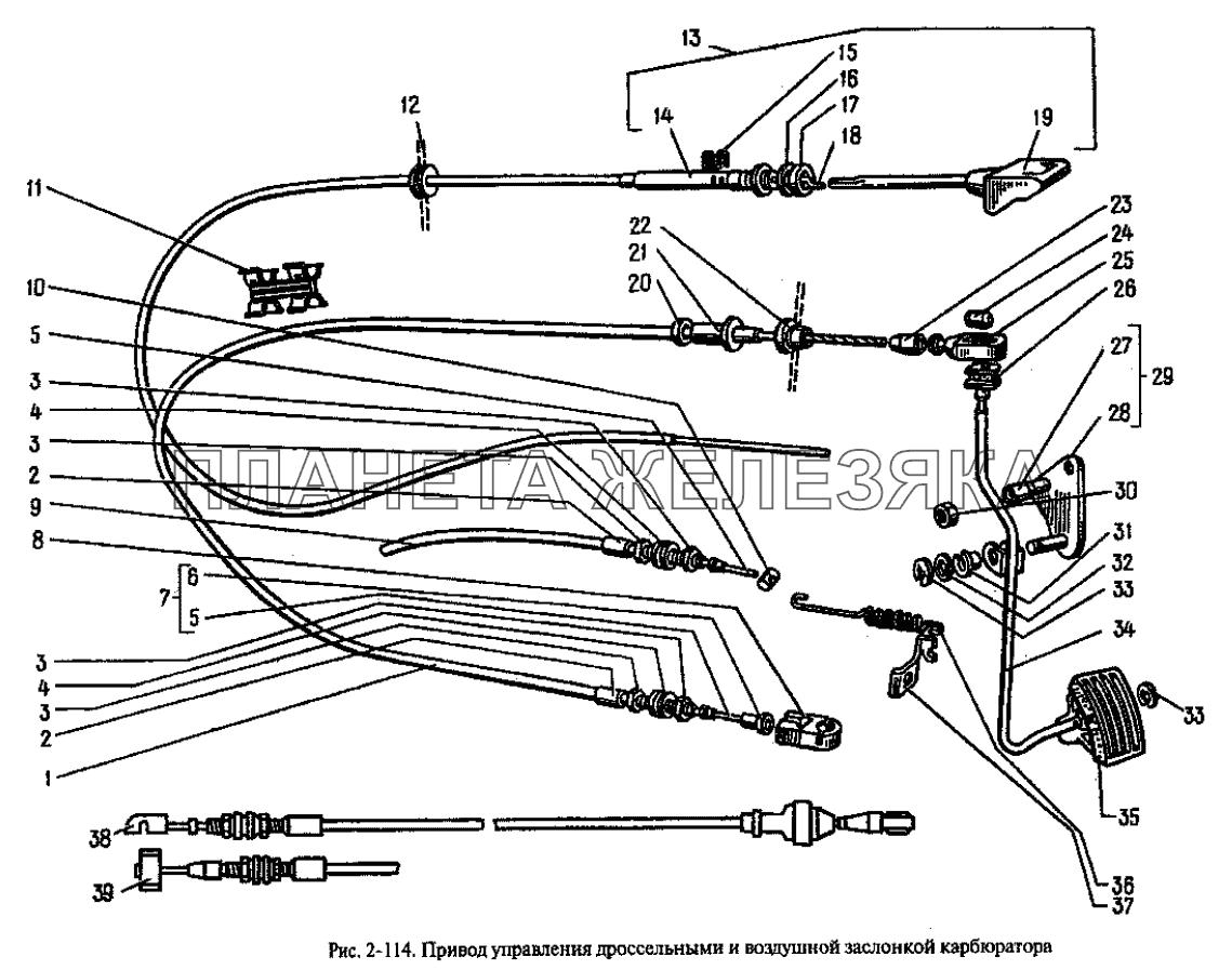 Привод управления дроссельными и воздушной заслонками карбюратора Москвич-2335