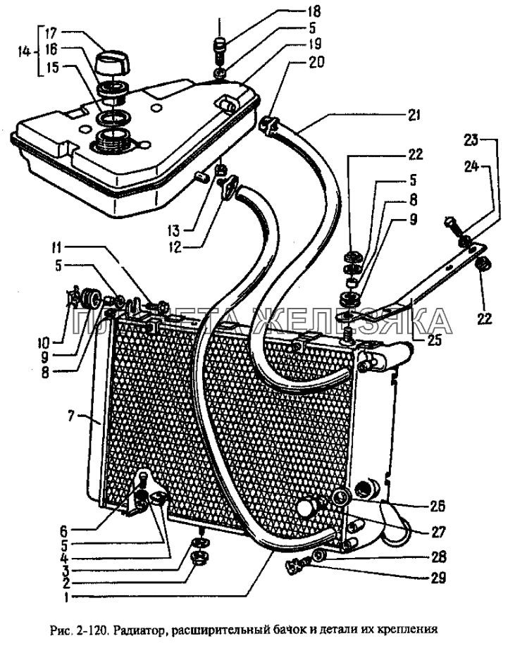 Радиатор, расширительный бачок и детали их крепления Москвич-2335