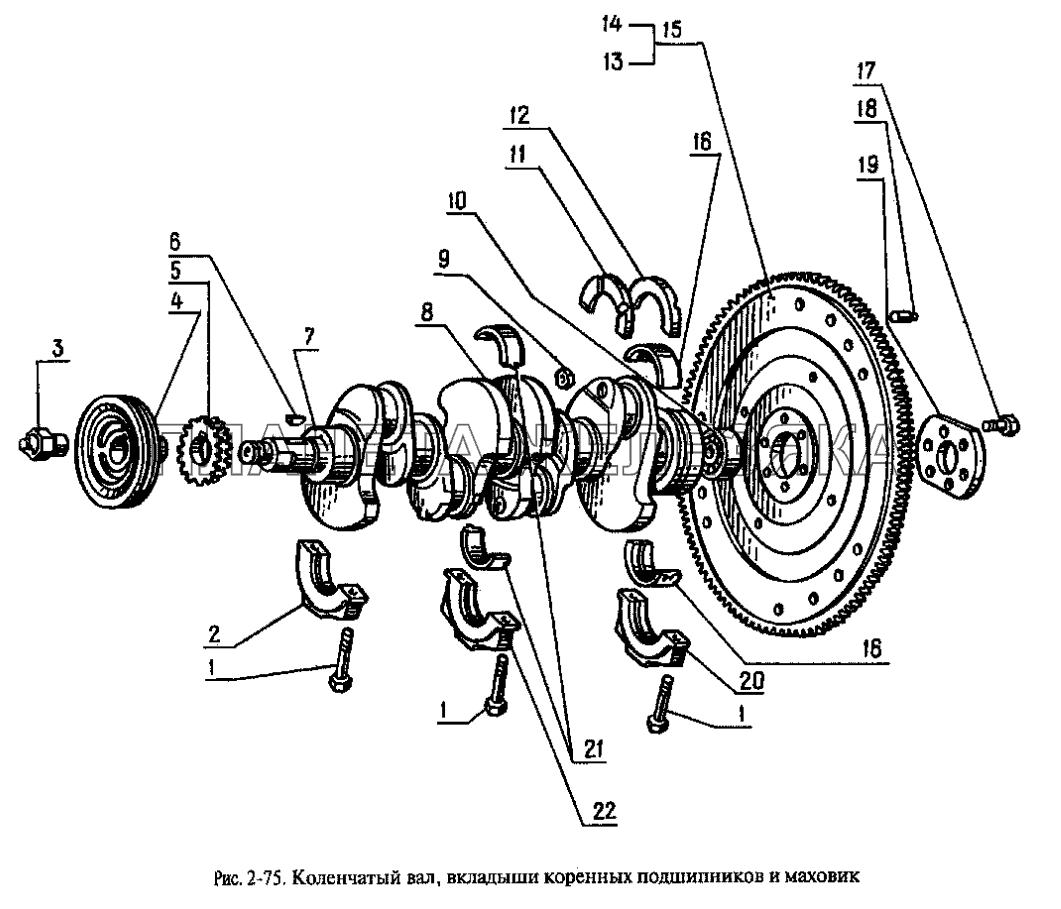 Коленчатый вал, вкладыши коренных подшипников и маховик Москвич-2335