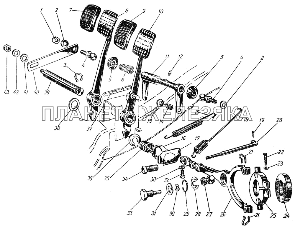 Педаль и привод выключения сцепления. Педаль тормоза и привод Москвич-400-420