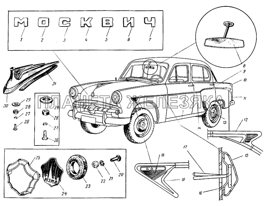 Орнамент, заводской знак, декоративная надпись и накладки Москвич-407