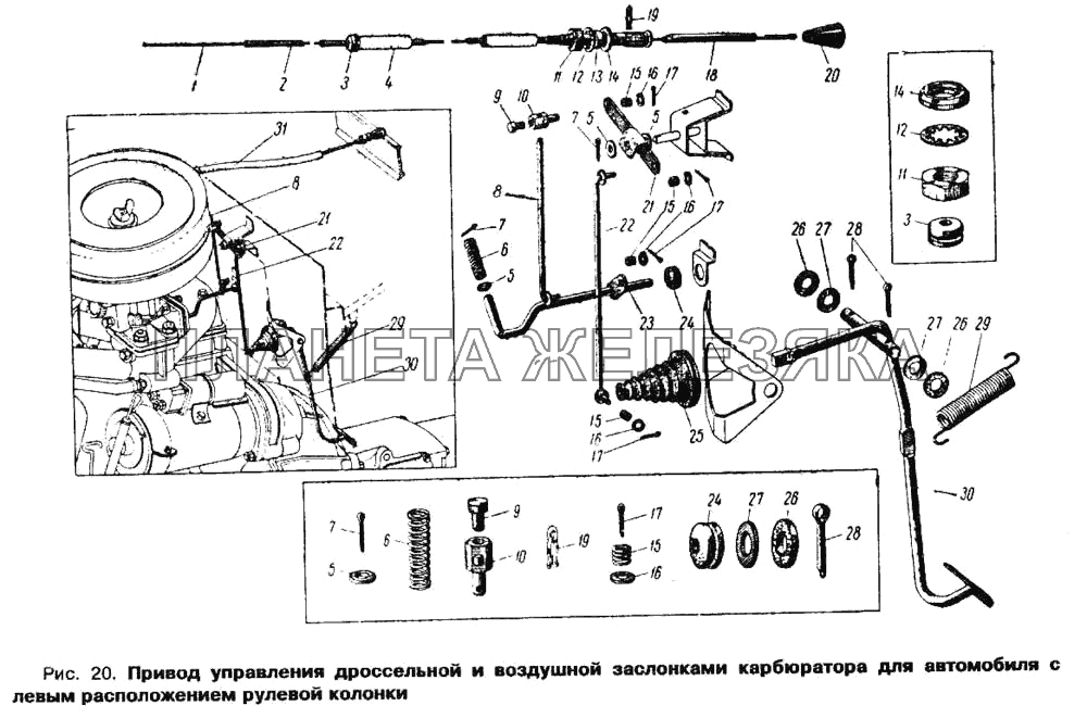 Привод управления дроссельной и воздушной заслонкой карбюратора для автомобиля с левым расположением рулевой колонки Москвич 412