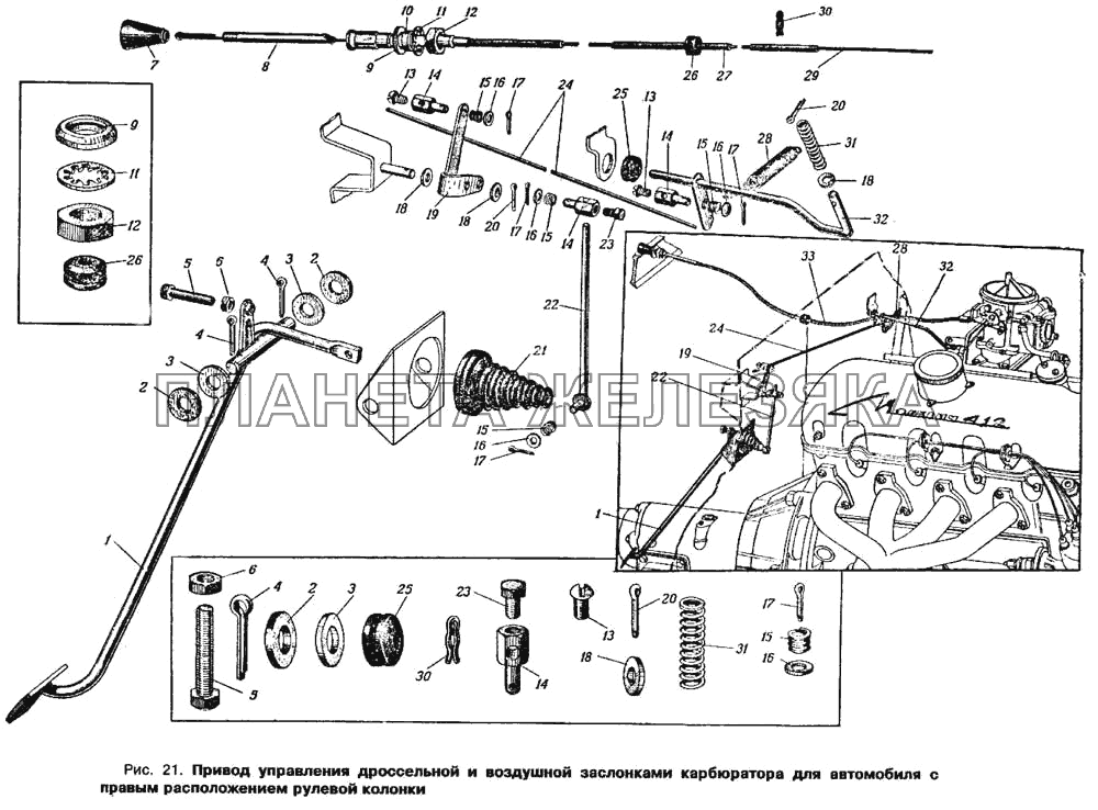 Привод управления дроссельной и воздушной заслонкой карбюратора для автомобиля с правым расположением рулевой колонки Москвич 412