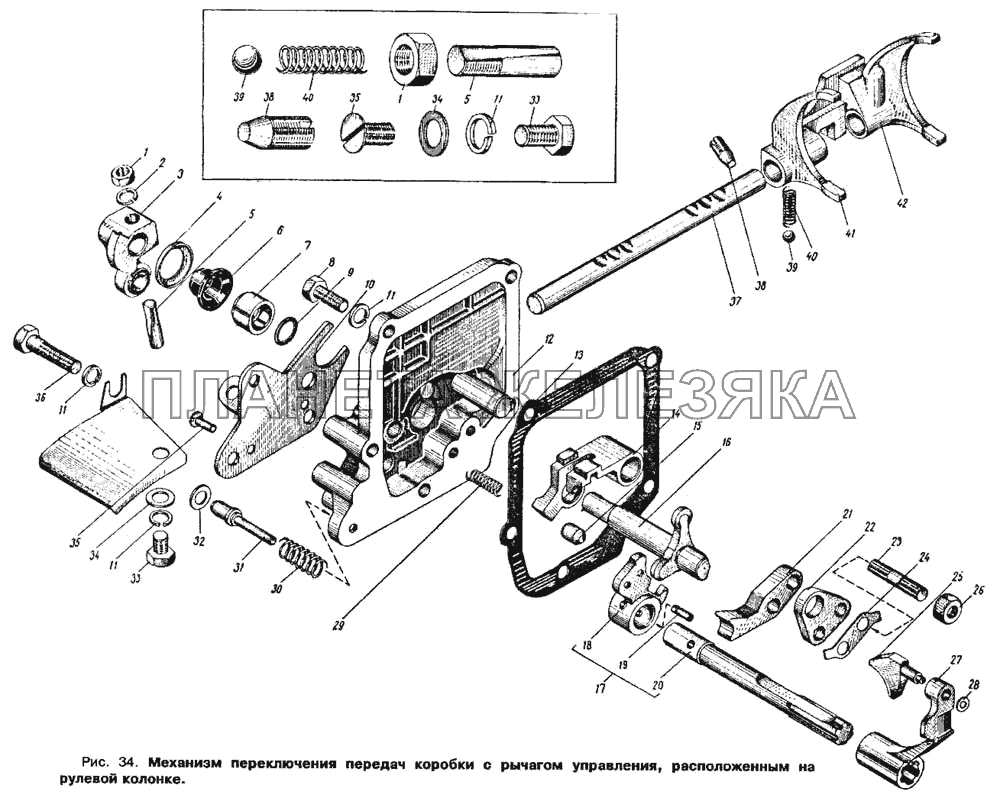 Механизм переключения передач коробки передач с рычагом управления, расположенным на рулевой колонке Москвич 412