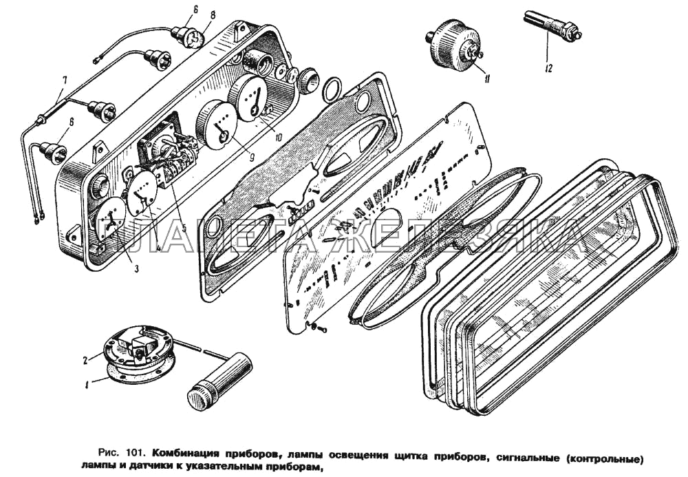 Комбинация приборов, лампы освещения щитка приборов, сигнальные (контрольные) лампы и датчики к указательным приборам Москвич 412