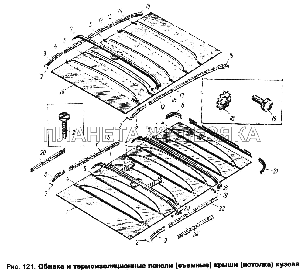 Обивка и термошумоизоляционные панели (съемные) крыши (потолка) кузова Москвич 412