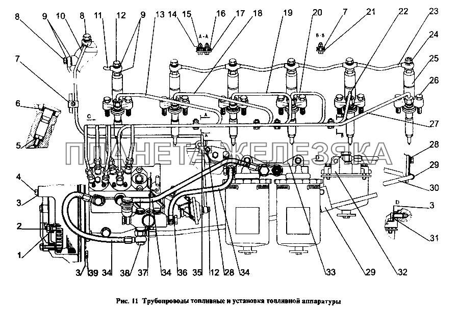 Трубопроводы топливные и установка топливной аппаратуры МТЗ-1221