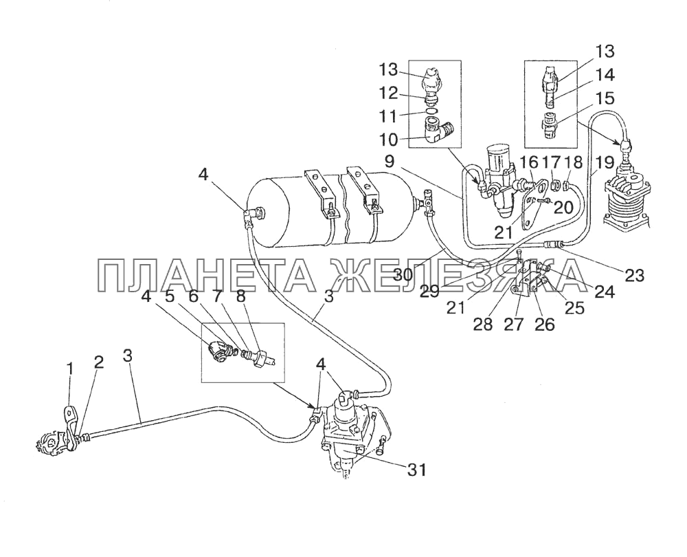 Трубопроводы и арматура пневмопривода тормозов прицепа МТЗ-1523