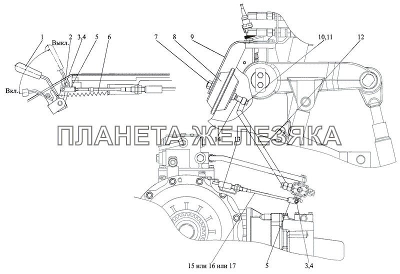 Управление распределителем заднего ВОМ МТЗ-2103