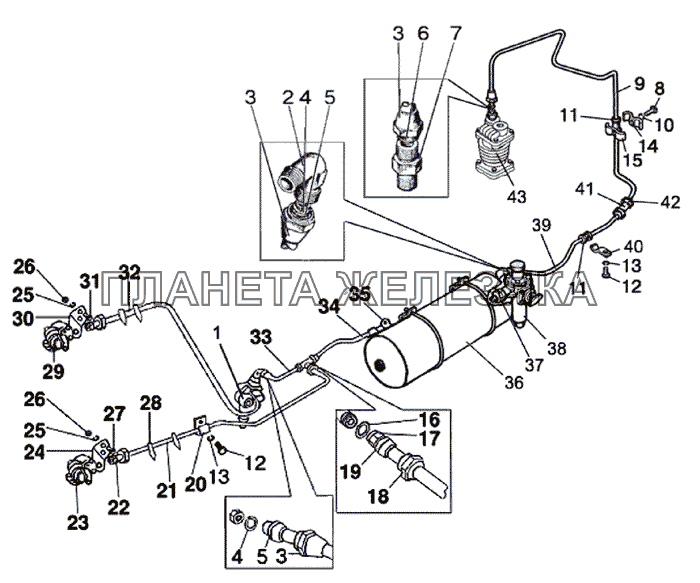 Трубопроводы и арматура двухпроводного пневмопривода тормозов прицепа МТЗ-826