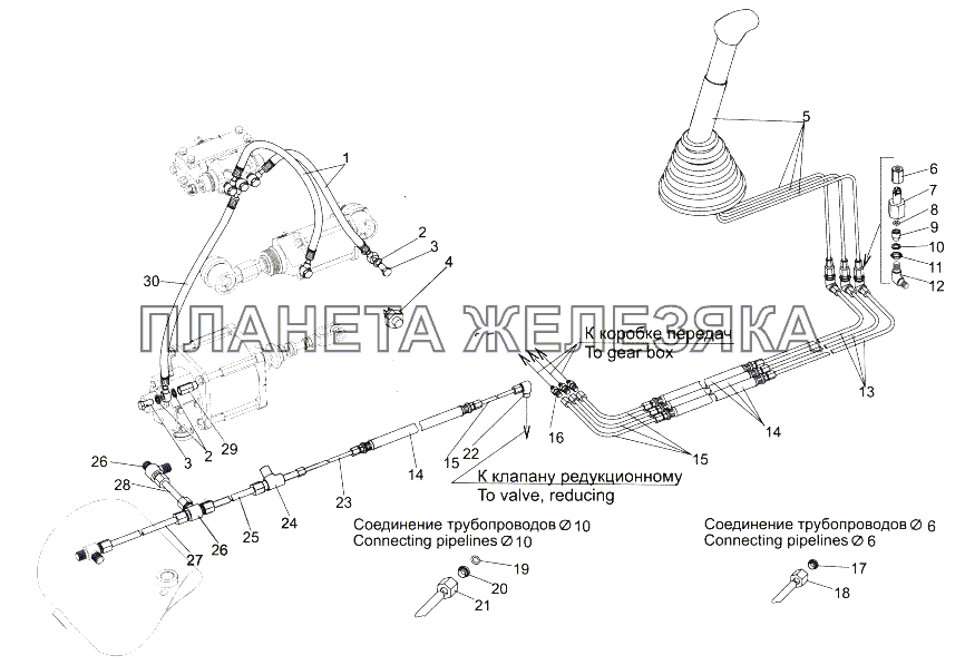 Воздухопроводы и шланги управления механизмом переключения передач МЗКТ-65151 