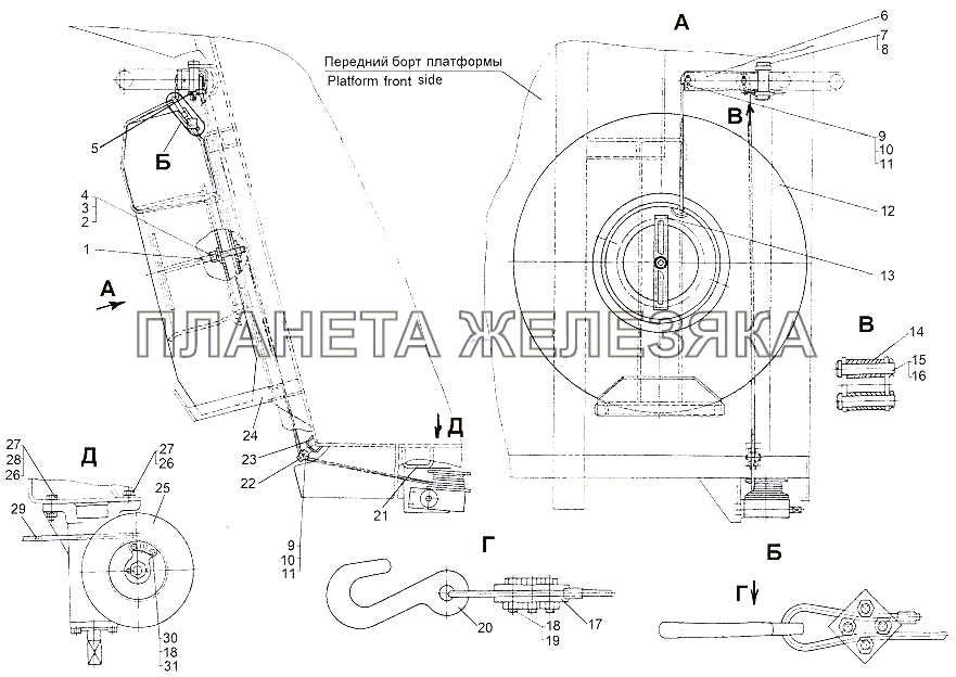 Установка подъемника запасного колеса МЗКТ-65151 
