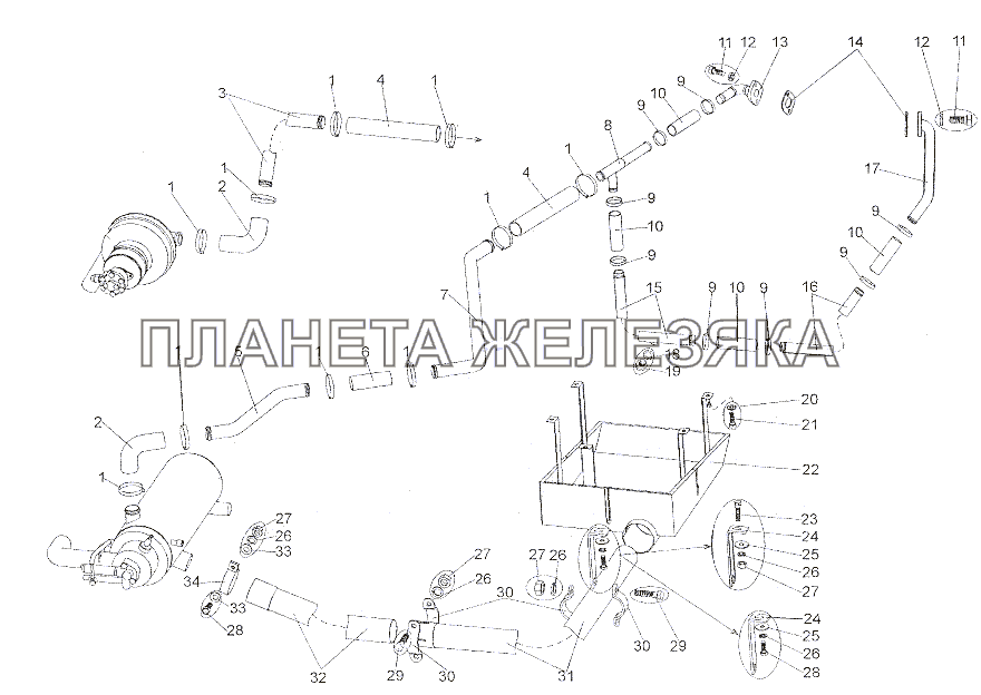 Трубопроводы системы подогрева двигателя МЗКТ-7401