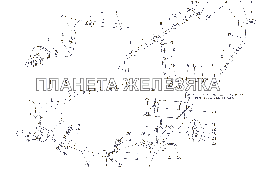 Трубопроводы системы подогрева двигателя МЗКТ-7401