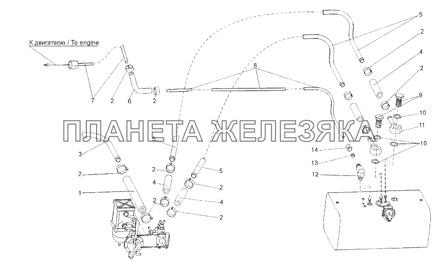 Топливопроводы нижнего топливного бака МЗКТ-7401