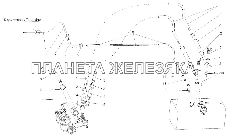 Топливопроводы нижнего топливного бака МЗКТ-7401