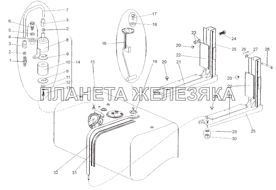 Установка нижнего топливного бака МЗКТ-79011