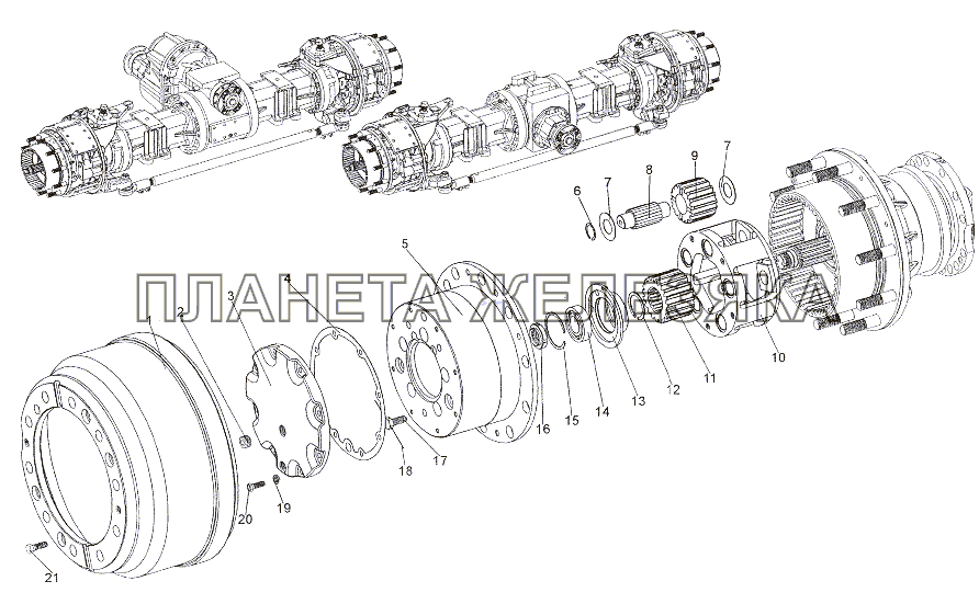 Установка колесной передачи передних мостов МЗКТ-79011