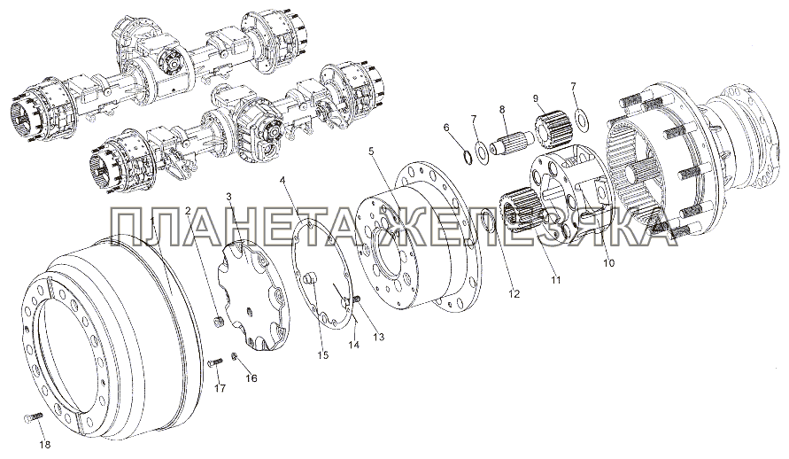 Установка колесной передачи задних мостов МЗКТ-7402