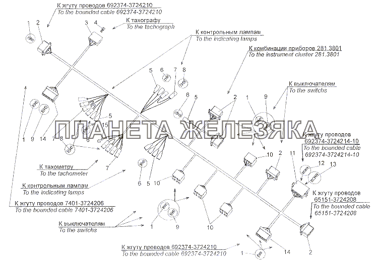 Жгут проводов №1 панели приборов двигателя 7401-3724002 МЗКТ-6527