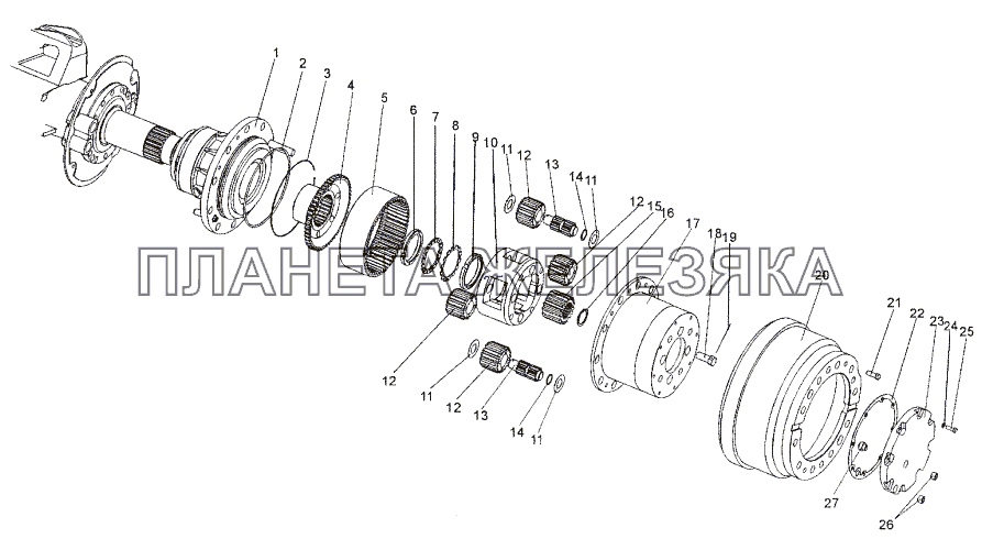 Колесная передача заднего и среднего мостов МЗКТ-74171