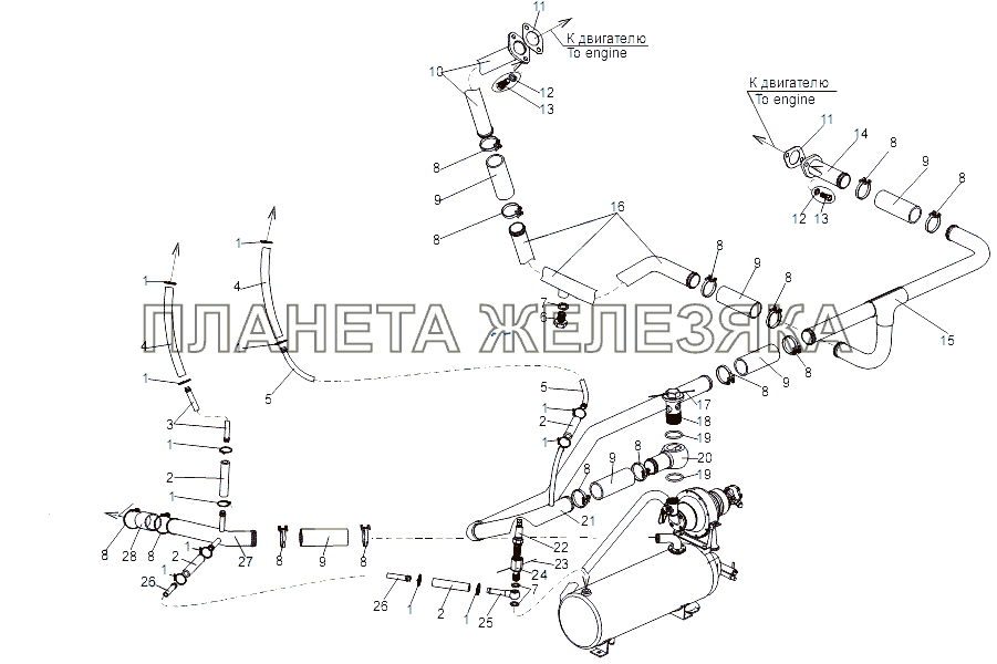 Установка трубопроводов системы подогрева двигателя МЗКТ-751652