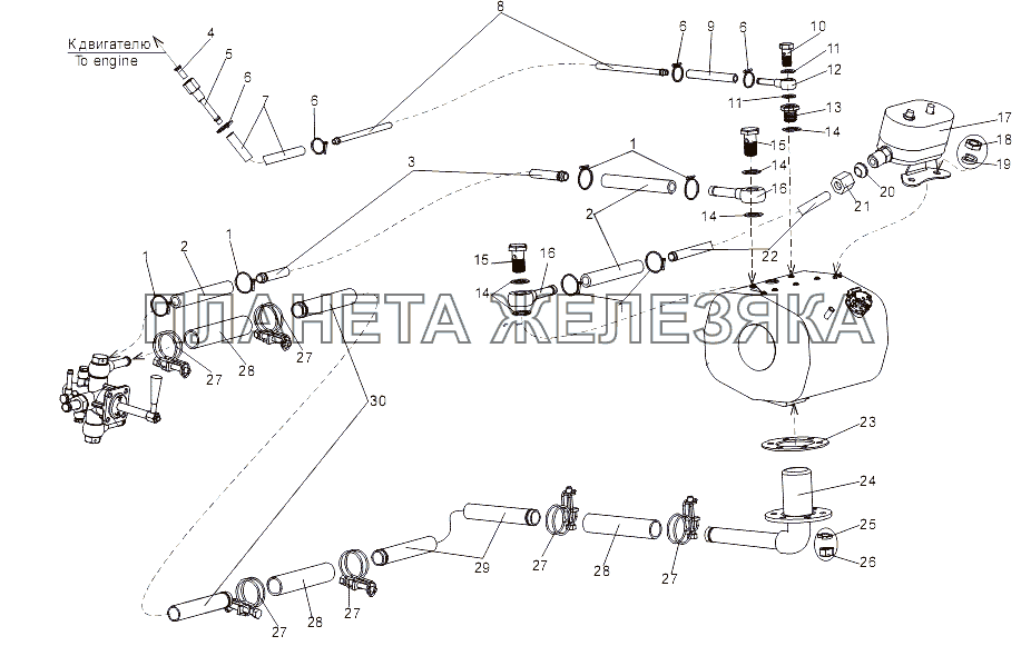 Топливопроводы левого топливного бака МЗКТ-79096