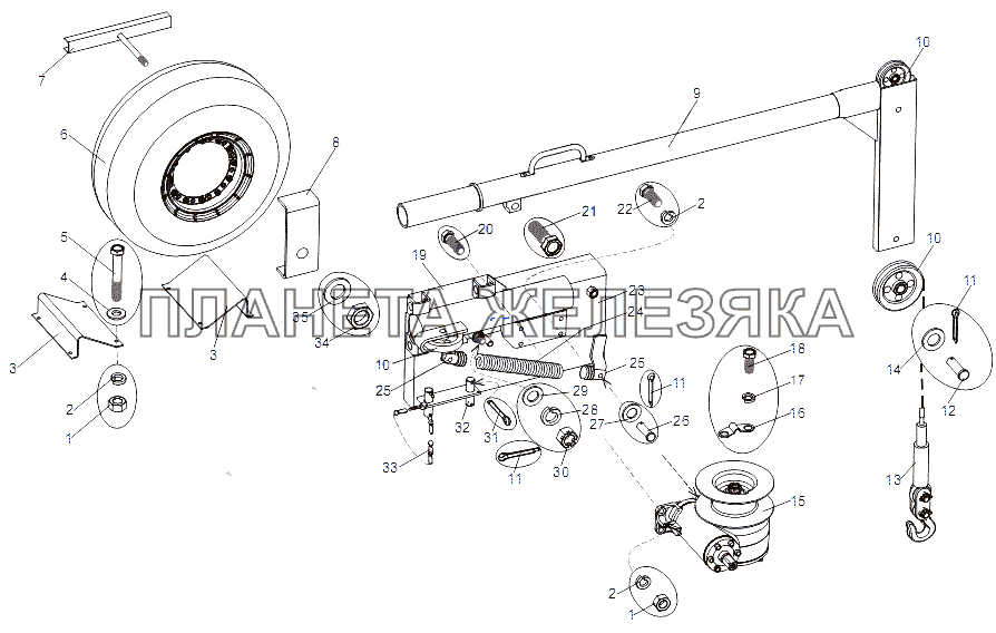 Установка подъемника запасного колеса МЗКТ-75165
