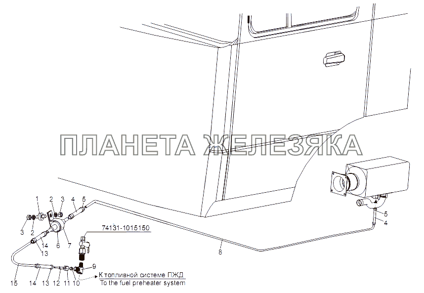 Установка топливопроводов независимого отопителя МЗКТ-79097