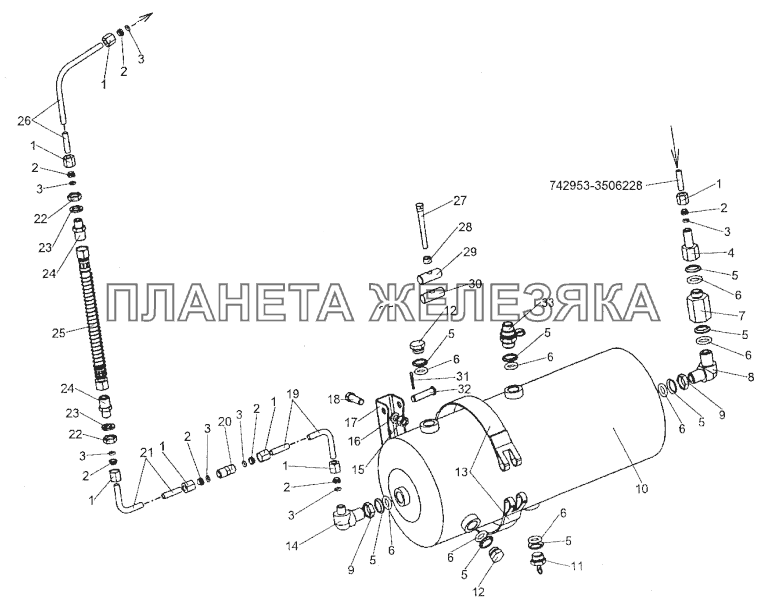 Установка воздушного баллона стояночного тормоза МЗКТ-74296