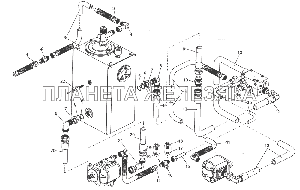 Трубопроводы и шланги бака, блока клапанов и насосов МЗКТ-7930-200