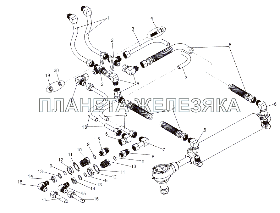 Трубопроводы к цилиндру первого моста МЗКТ-7930-200