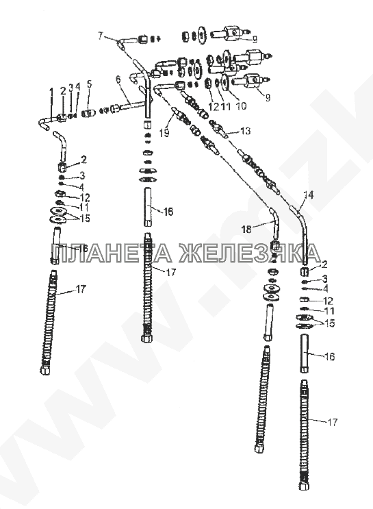 Установка трубопроводов накачки шин правых колес МЗКТ-93782