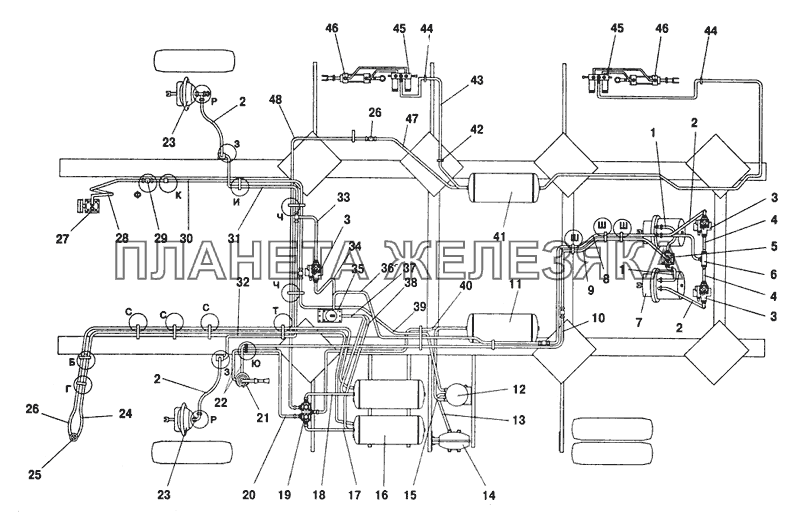 Схема пневматической системы тормозов с пневмоаппаратурой ПАЗ-32053