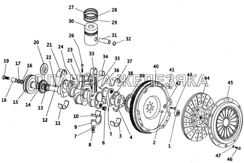 Поршни, коленчатый вал, маховик и диски сцепления ПАЗ-4230